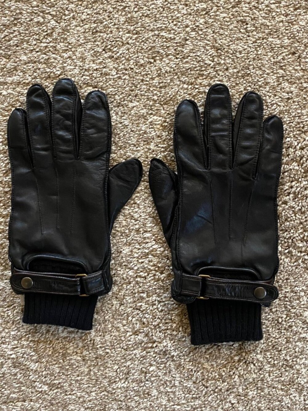 John W Nordstrom Men's Black Leather Gloves Size L Ribbed Knit Cuff Snap Strap